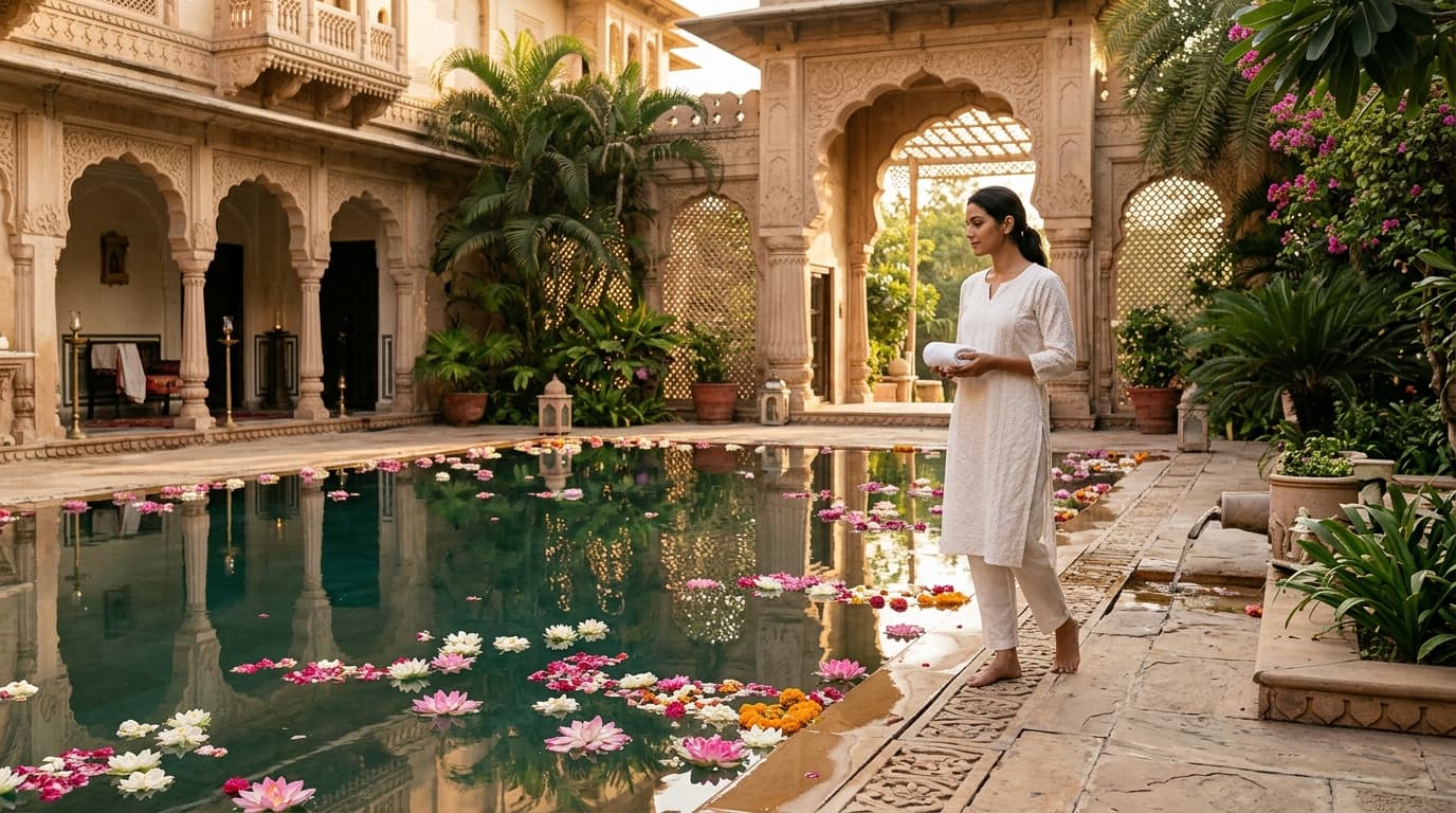 Luxurious Indian heritage spa courtyard with lotus pool